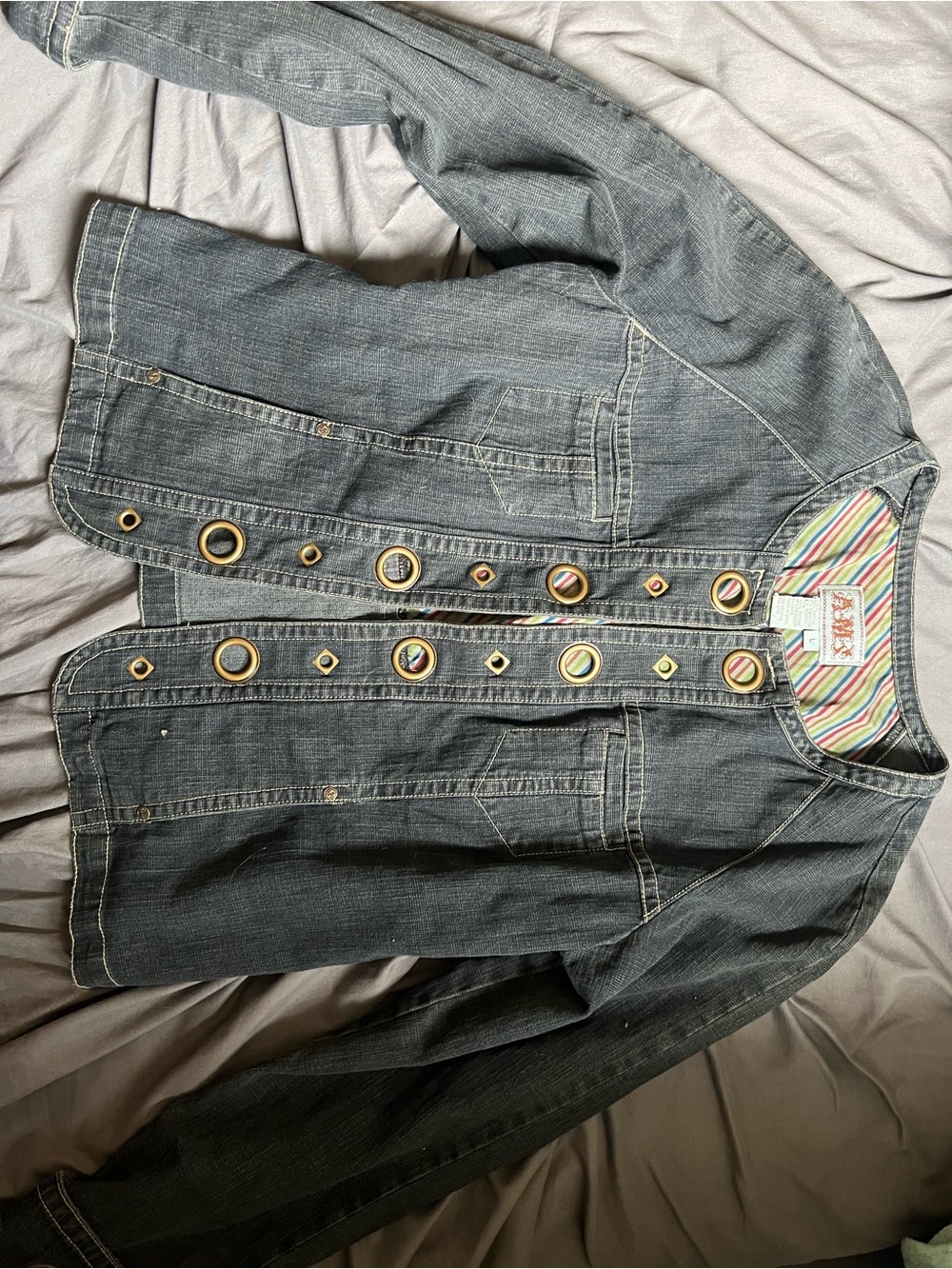 Womens Dark Denim amx jacket with brass grommets & striped lining